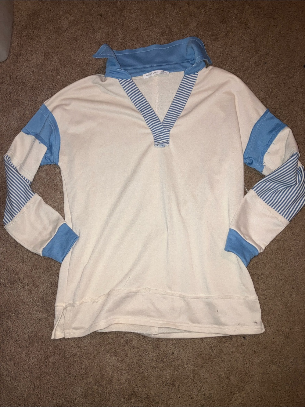 Altar'd State Cream V-Neck Pullover with Light Blue Accents